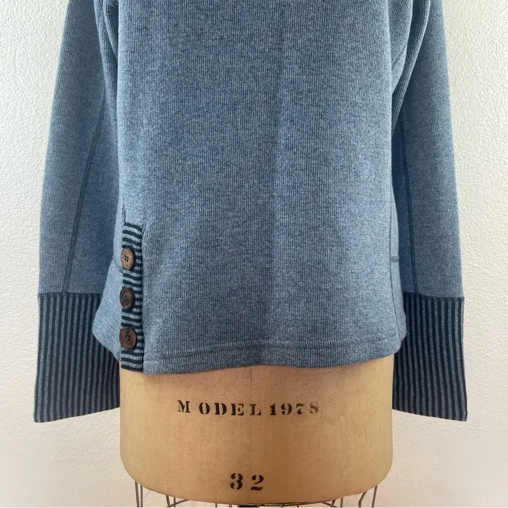 PrAna l M Lucia Wool Blend Funnel Neck Stripe Wood Buttons Knit Pullover Sweater